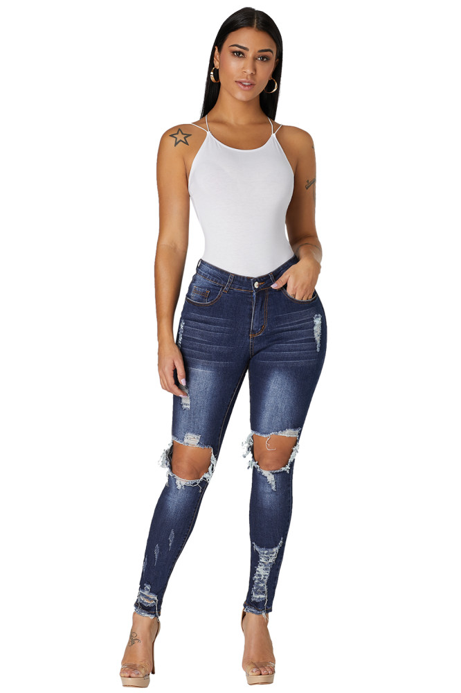 Dark Blue Destroyed Skinny Jeans