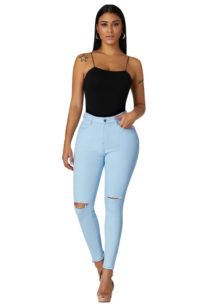 Light Blue Trendy Slit Knee Denim Pants