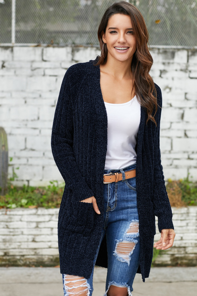 Navy Velvet Chenille Cardigan for Women