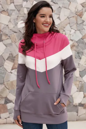 Rosy Hooded Dark Purple Colorblock Sweatshirt