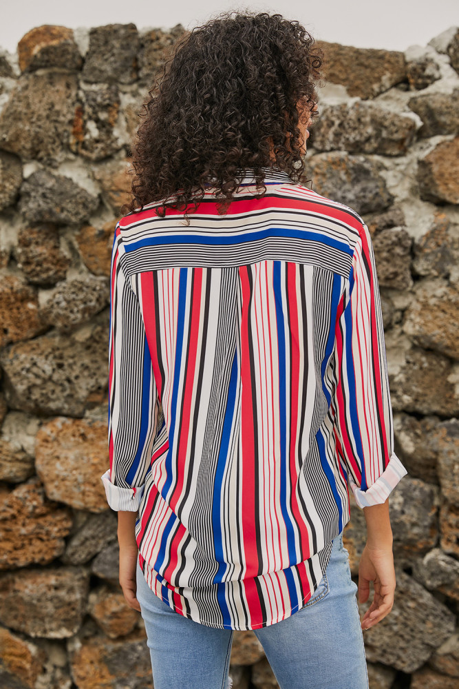 Red Blue Striped Modern Women Shirt