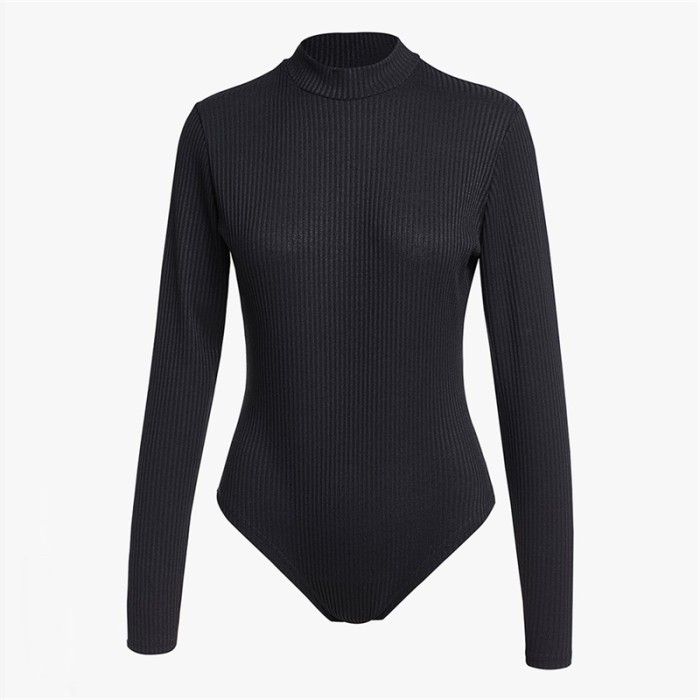 Black Mock Neck Ribbed Knit Long Sleeves Bodysuit
