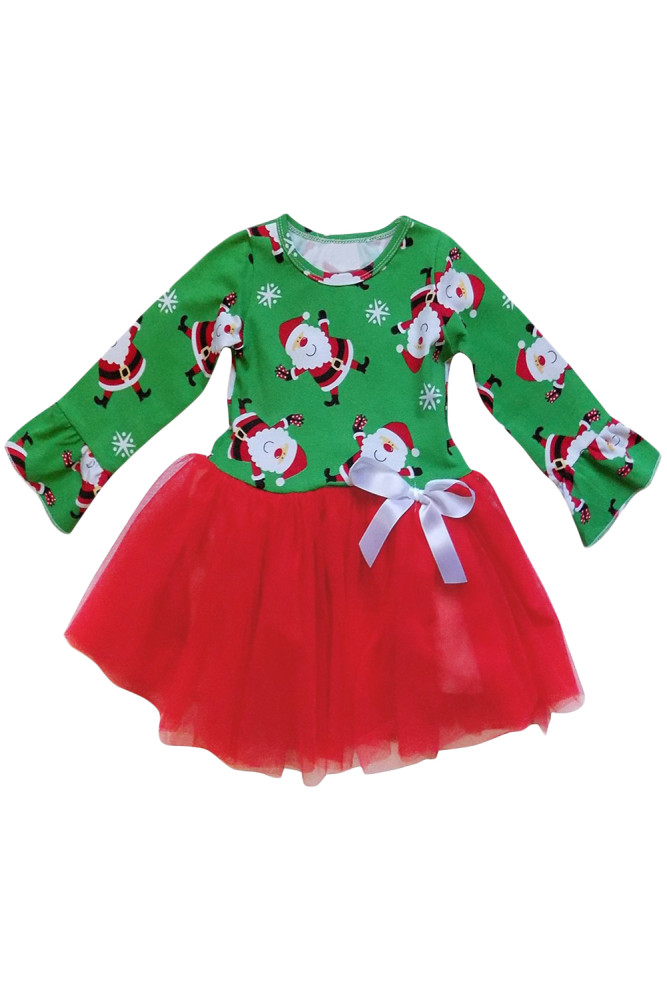 Green Red Santa Snowflack Print Christmas Toddler Dress