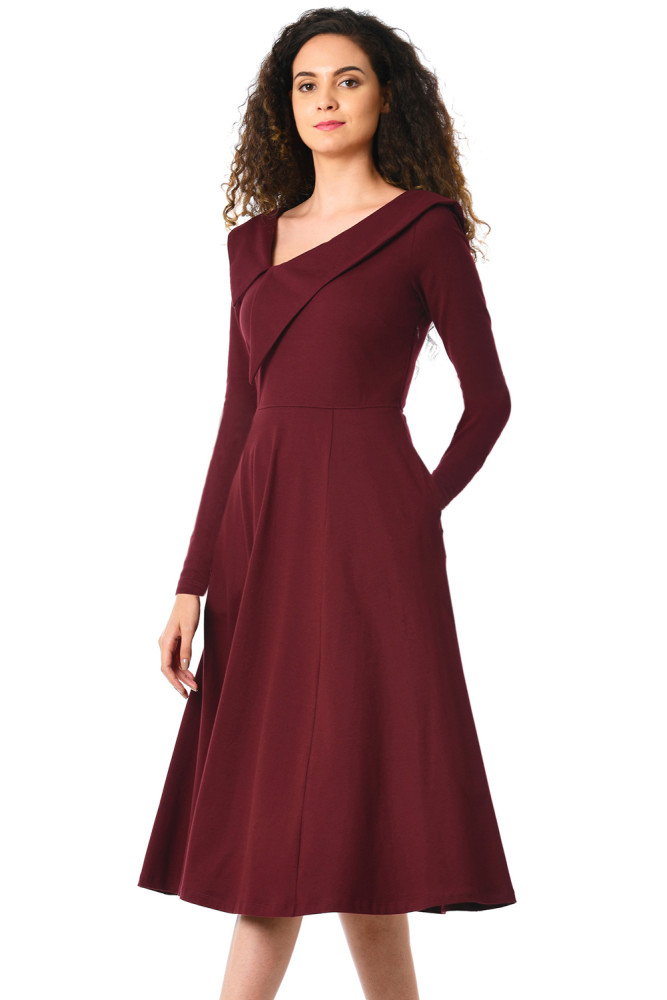 Burgundy Retro Inspired Asymmetric Collar Flared Dress