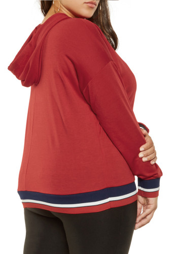 Tricolor Striped Trim Red Plus Size Hoodie