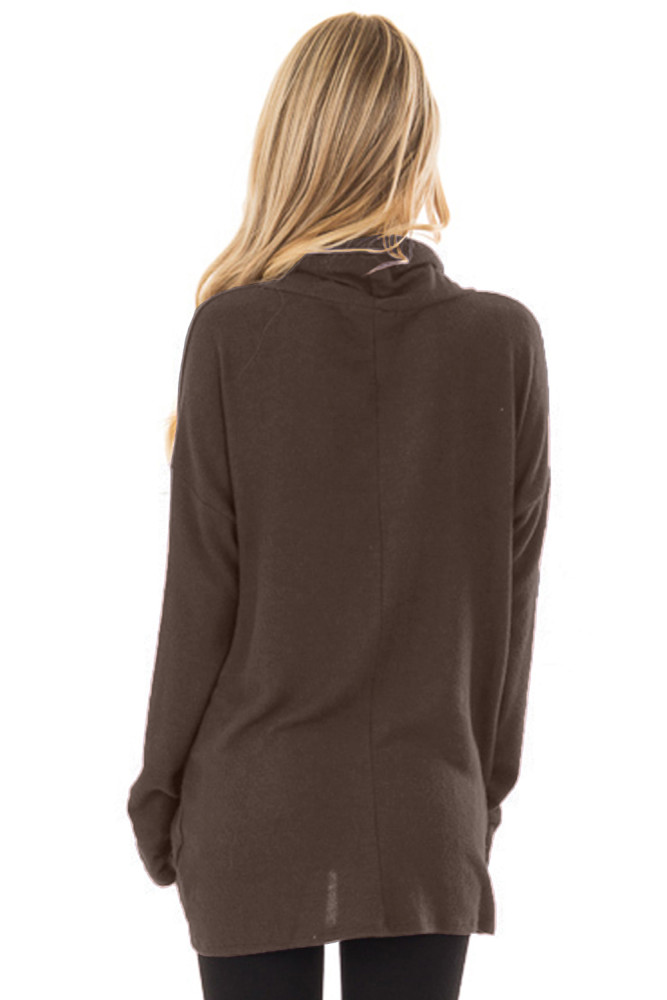 Brown Knot Hem Detail Cowl Neck Top
