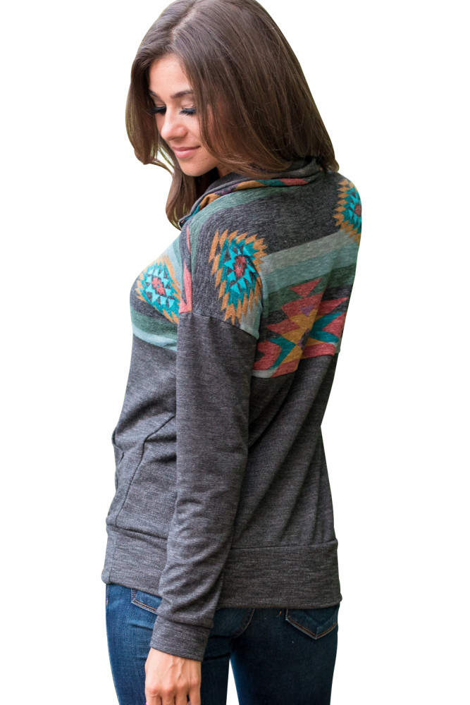 Aztec Print Atop Charcoal Pullover Sweatshirt