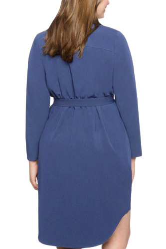 Navy Blue Diagonal Button Detail V Neck Plus Size Dress