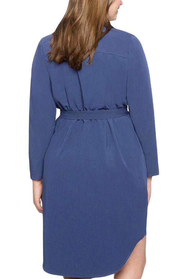 Navy Blue Diagonal Button Detail V Neck Plus Size Dress