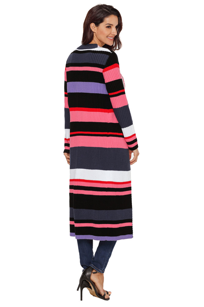 Multicolor Striped Colorblock Open Front Long Cardigan