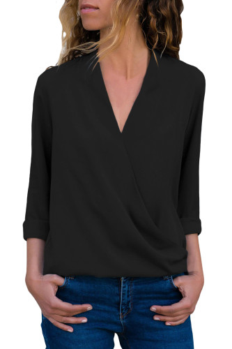 Black Wrap Front Long Sleeve Blouse