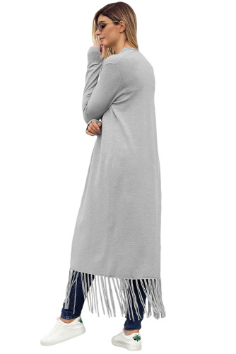 Grey Fringe Hemline Longline Knitted Cardigan