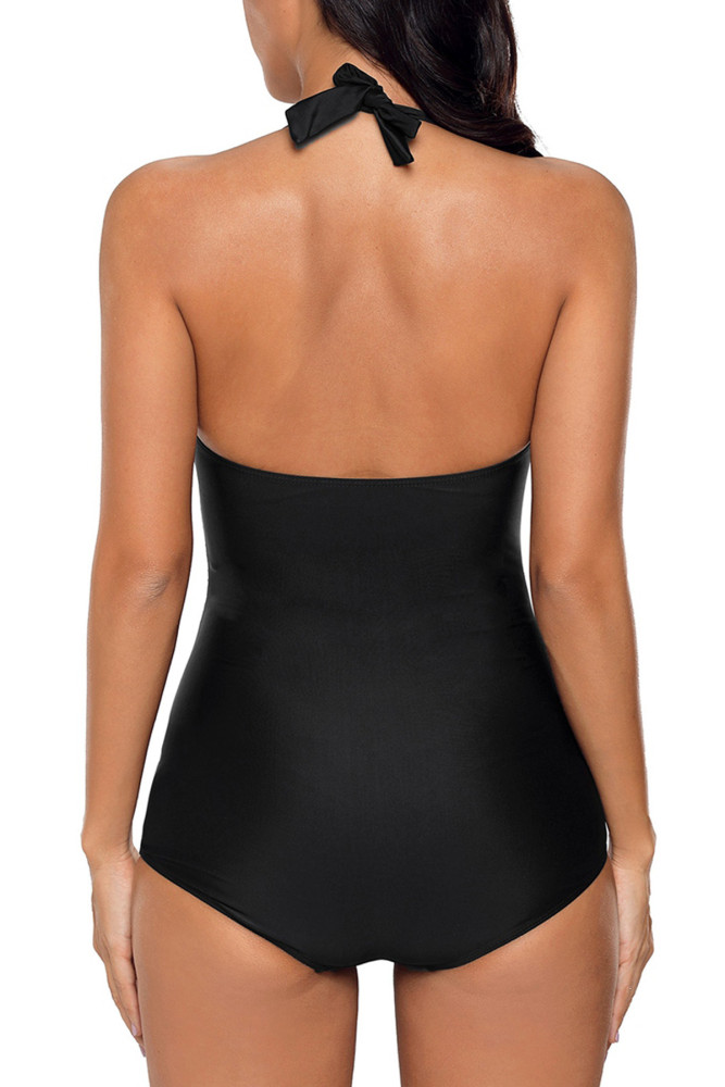 Black Pleated Halter One Piece Swimwear