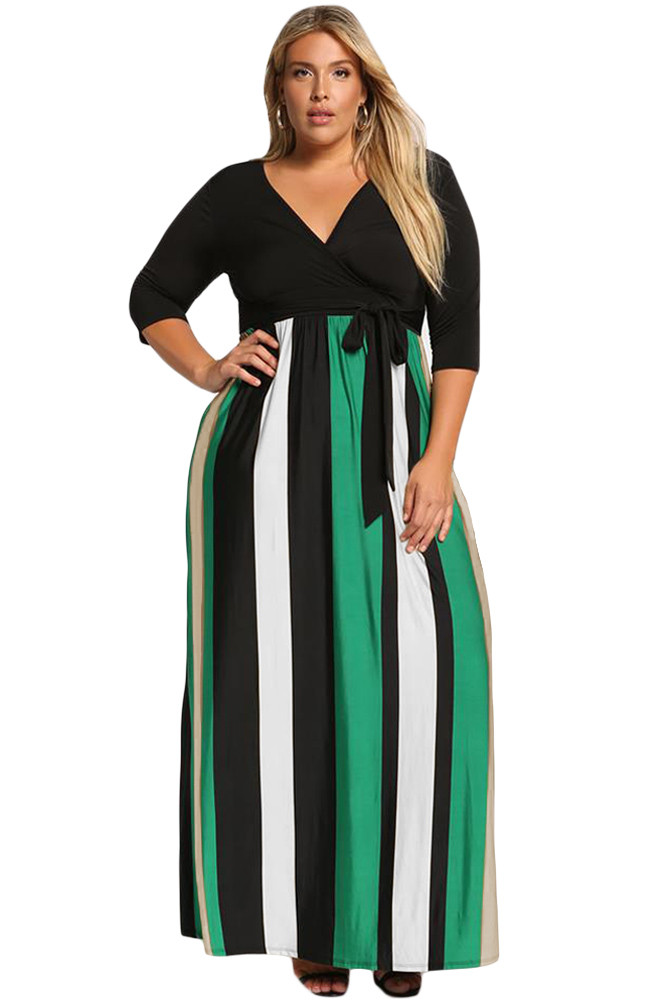 Green Color Blocked Skirt Plus Size Maxi Dress