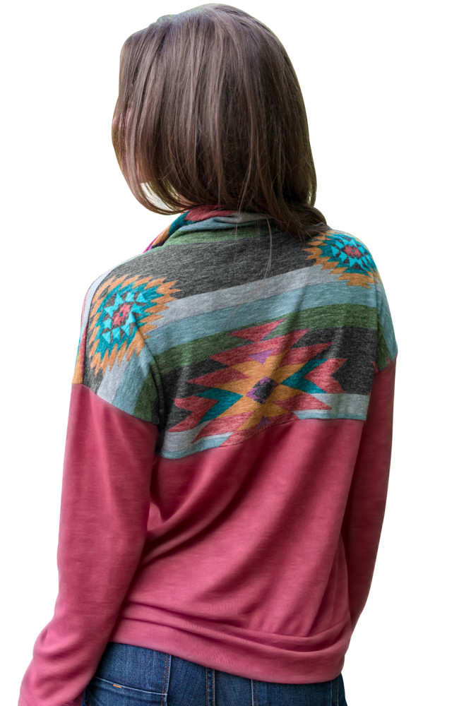 Aztec Print Atop Rosy Pullover Sweatshirt