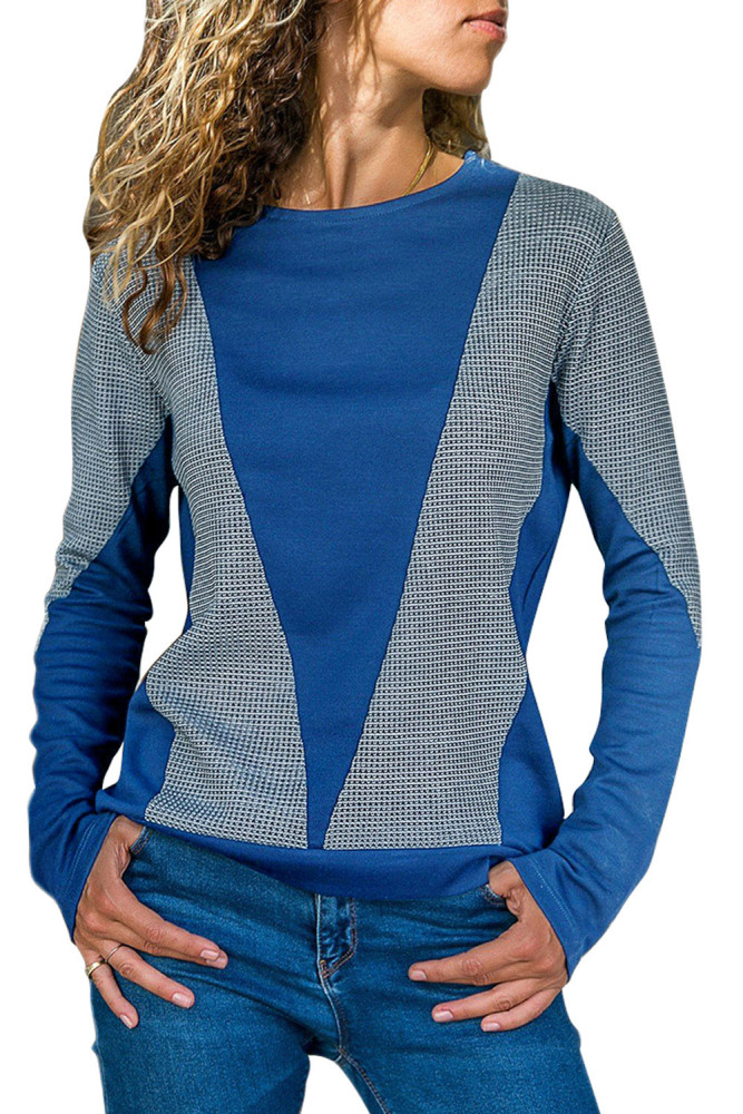 Dark Blue Color Block Round Collar Sweatshirt