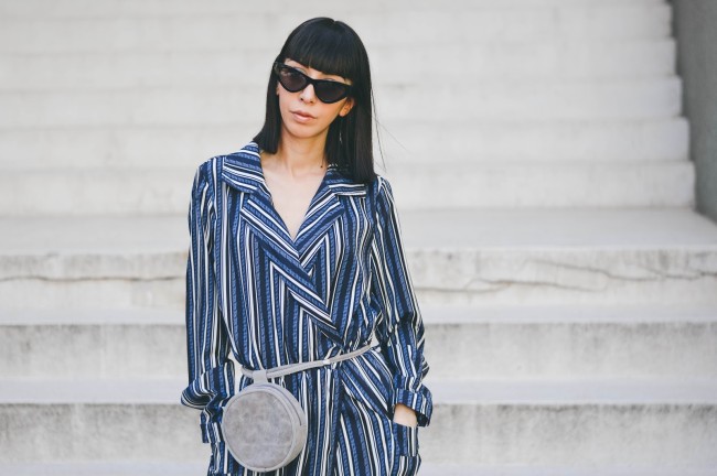 Navy White Multi Striped Shirt Dress with Tie