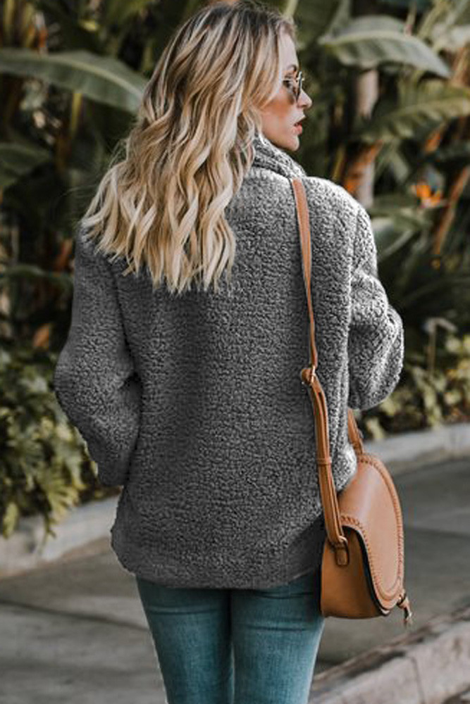 Gray Fleece Open Front Coat with Pockets