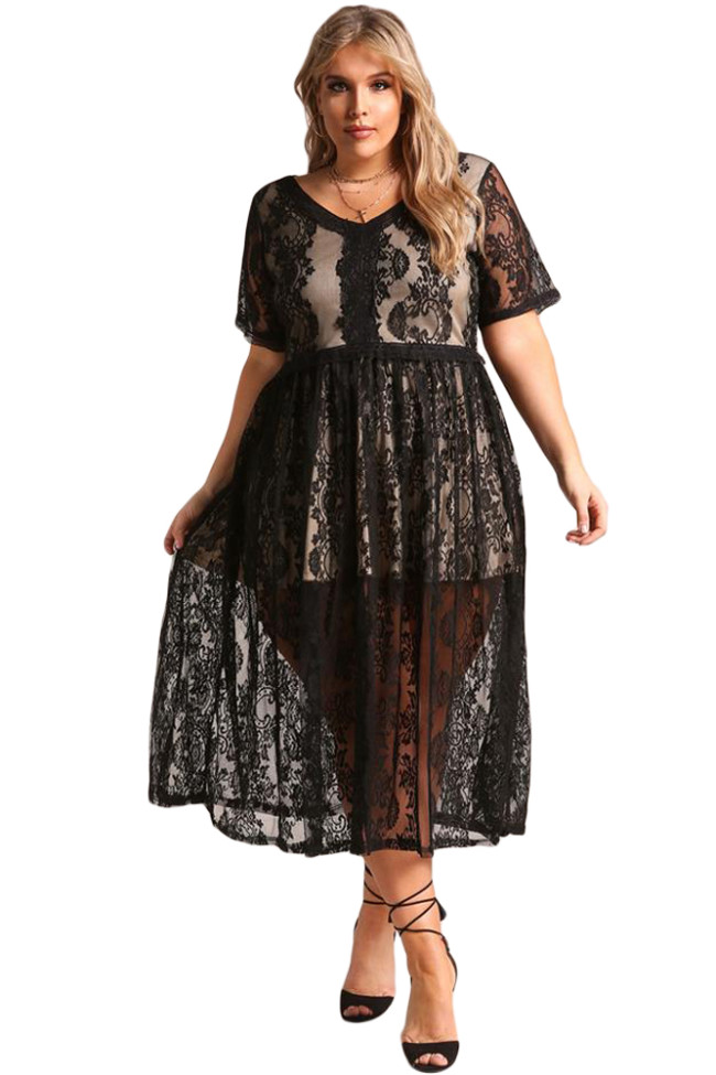 Black Plus Size Floral Lace Flared Midi Dress