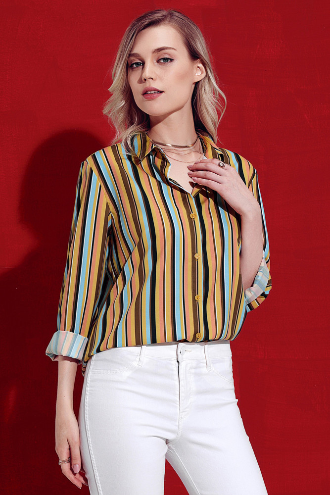 Yellow Multicolor Striped Long Sleeve Button Down Shirt