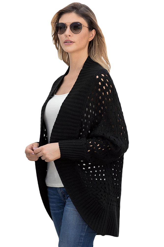 Black Hollow Out Knit Long Sleeves Cardigan