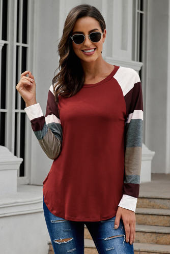 Color Block Long Sleeves Burgundy Pullover Top