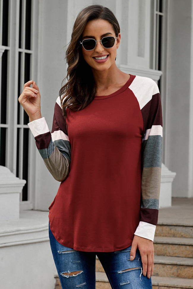 Color Block Long Sleeves Burgundy Pullover Top