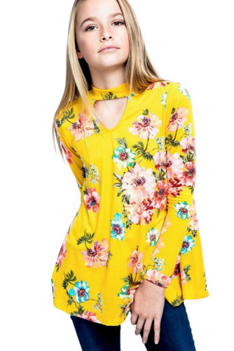 Yellow Floral Key Hole Front Girl's Long Sleeve Top