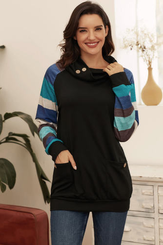 Multicolor Striped Raglan Sleeve Black Cowl Neck Sweatshirt