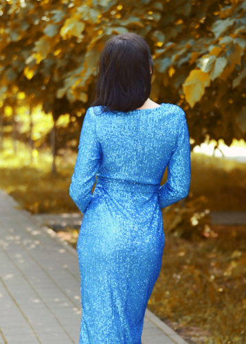 Blue Sequins Wrapped Ruched Irregular Dress