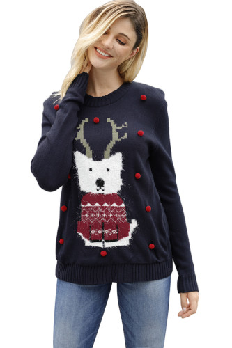Navy Cartoon Front Accent Christmas Sweater