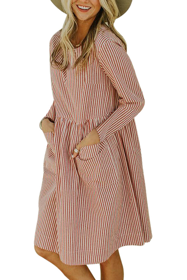 Red Pinstriped Casual Pocket Dress
