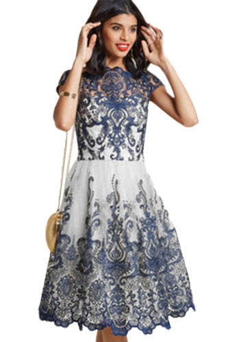 Dreamy Navy White Lace Embroidered Prom Dress