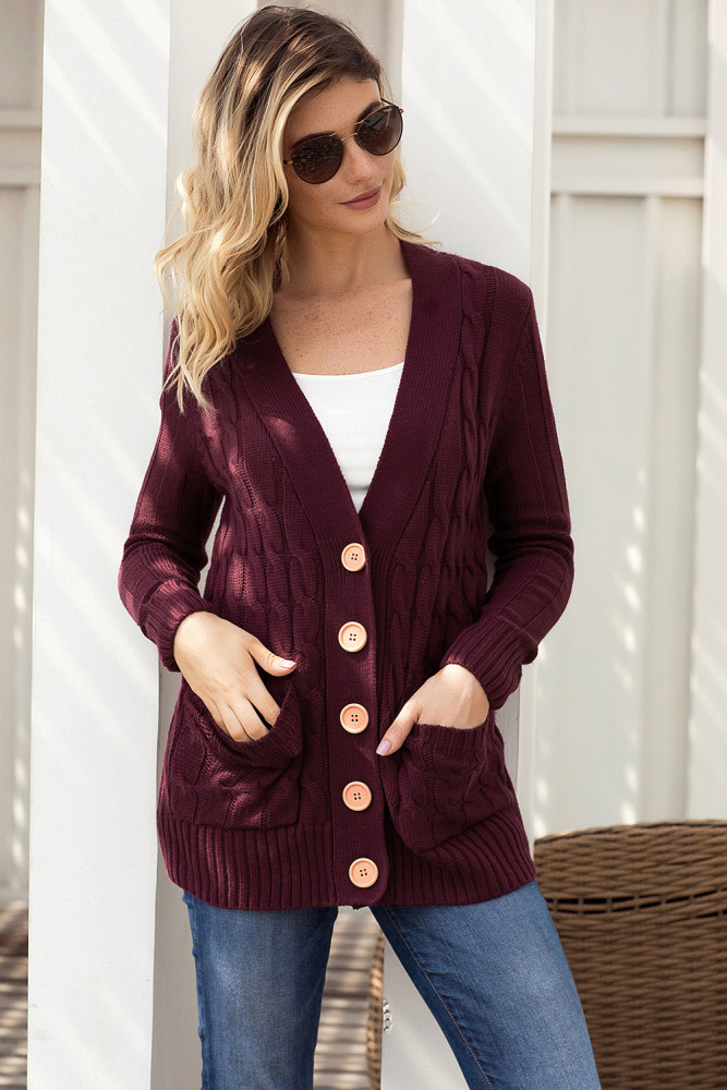 Wine Wooden Button Cardigan