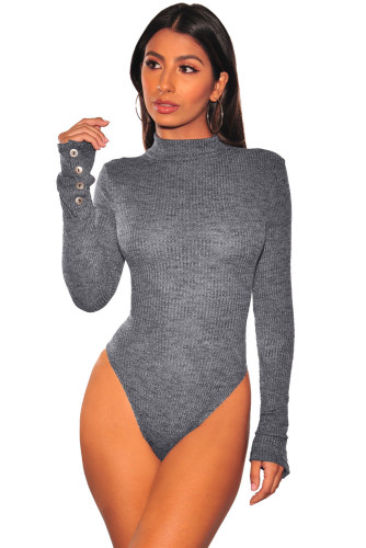 Gray Mock Neck Ribbed Knit Long Sleeves Bodysuit