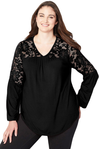 Black Lace Trim Keyhole Back Plus Size Top