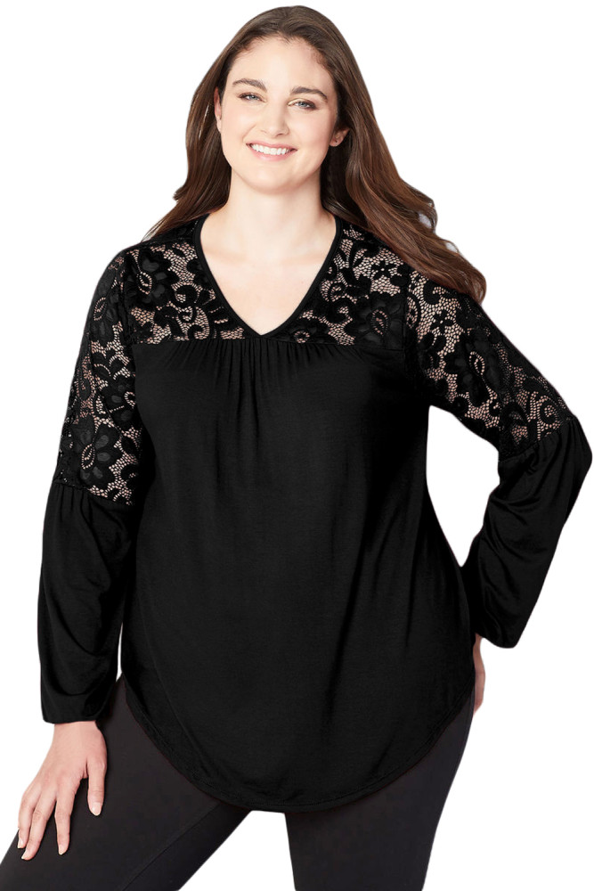Black Lace Trim Keyhole Back Plus Size Top