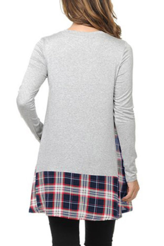 Gray Plaid Patchwork Long Sleeve Tunic Top