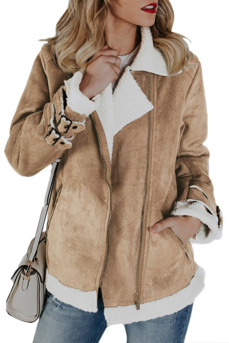 Khaki Faux Suede Jacket with Zipper Pockets