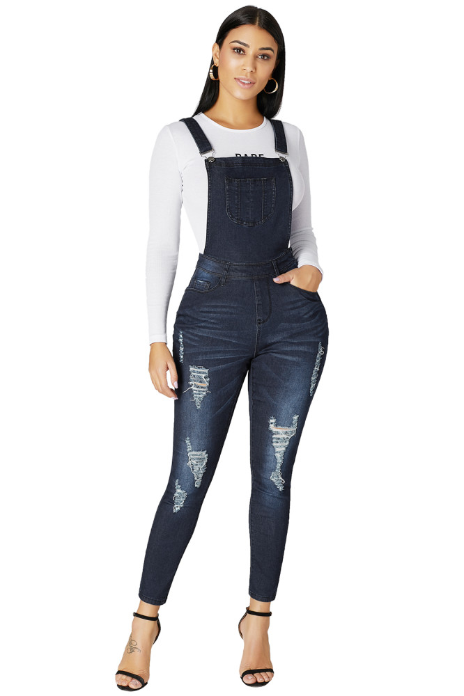 Dark Blue Wash Distressed Jeans Overalls