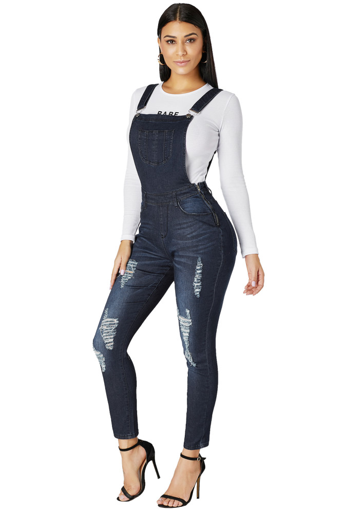Dark Blue Wash Distressed Jeans Overalls