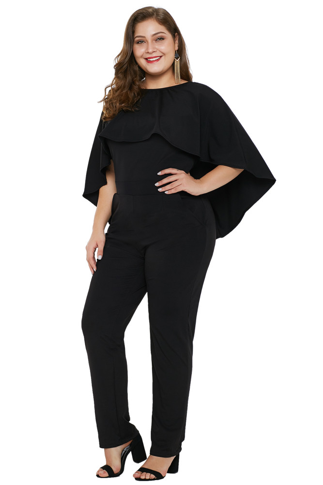 Black Plus Size Cape Ruffle Jumpsuit