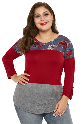 Burgundy Gray Colorblock Floral Plus Size Top