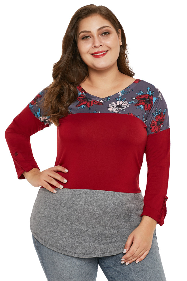 Burgundy Gray Colorblock Floral Plus Size Top