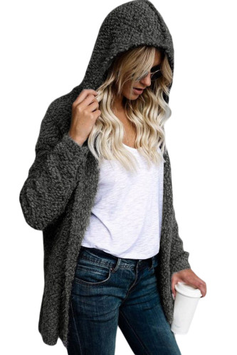 Charcoal Fluffy Hooded Open Front Cardigan