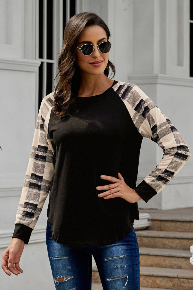 Monochrome Plaid Long Sleeves Black Pullover Top