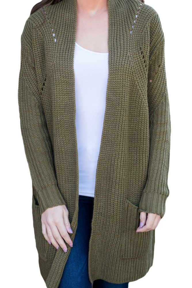 Army Green Open Front Women Cardigan with Pockets