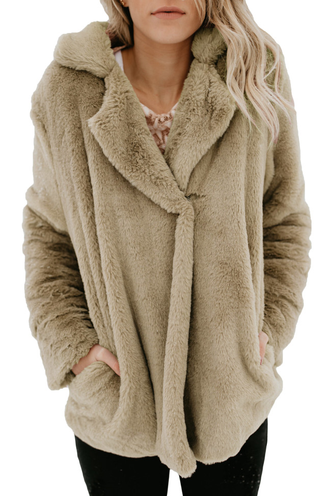 Khaki Pocket Style Fluffy Winter Coat