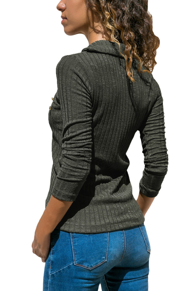 Charcoal Ribbed Knit Turn Down Collar Top