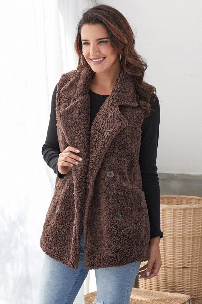 Button Detail Brown Lambswool Vest Jacket